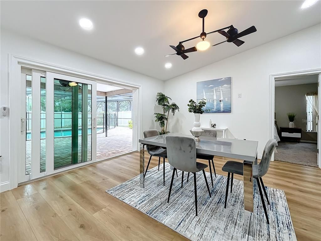 Dining room, Interior, Recessed Lighting, Wood Texture Flooring