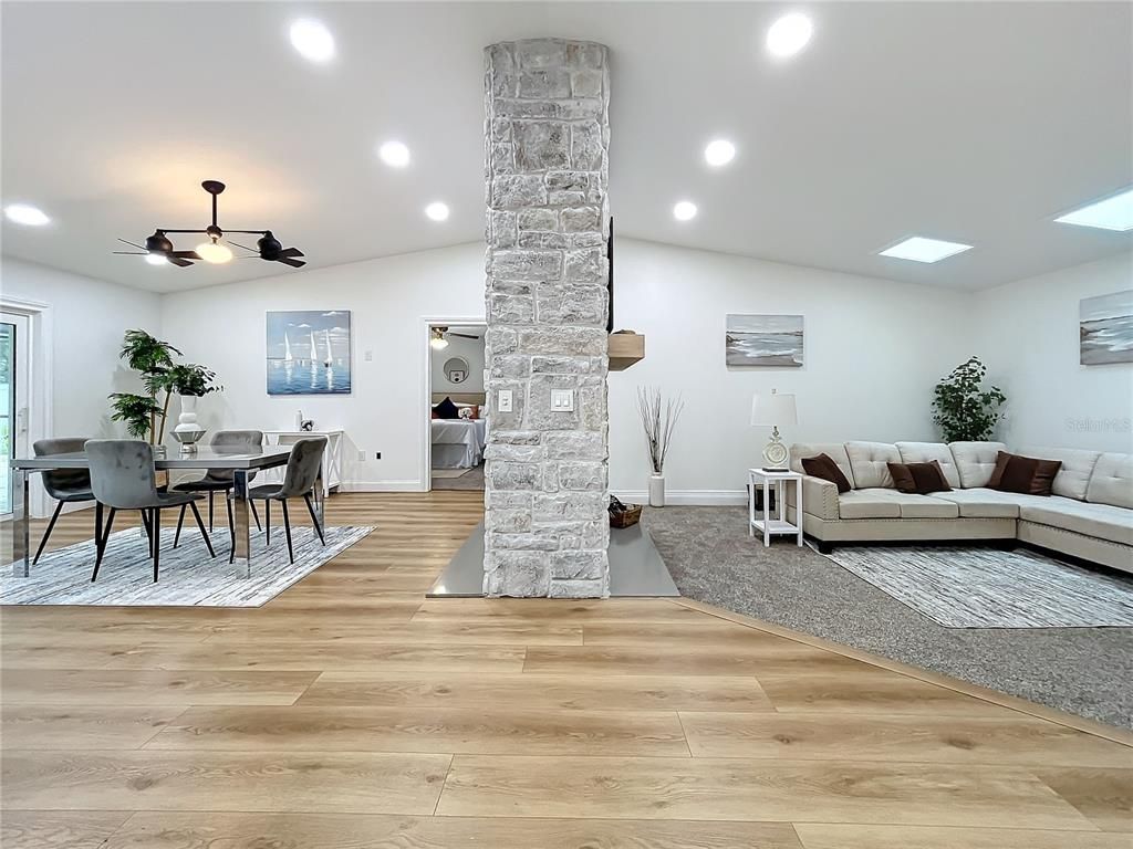Dining room, Interior, Living room, Recessed Lighting, Wood Texture Flooring