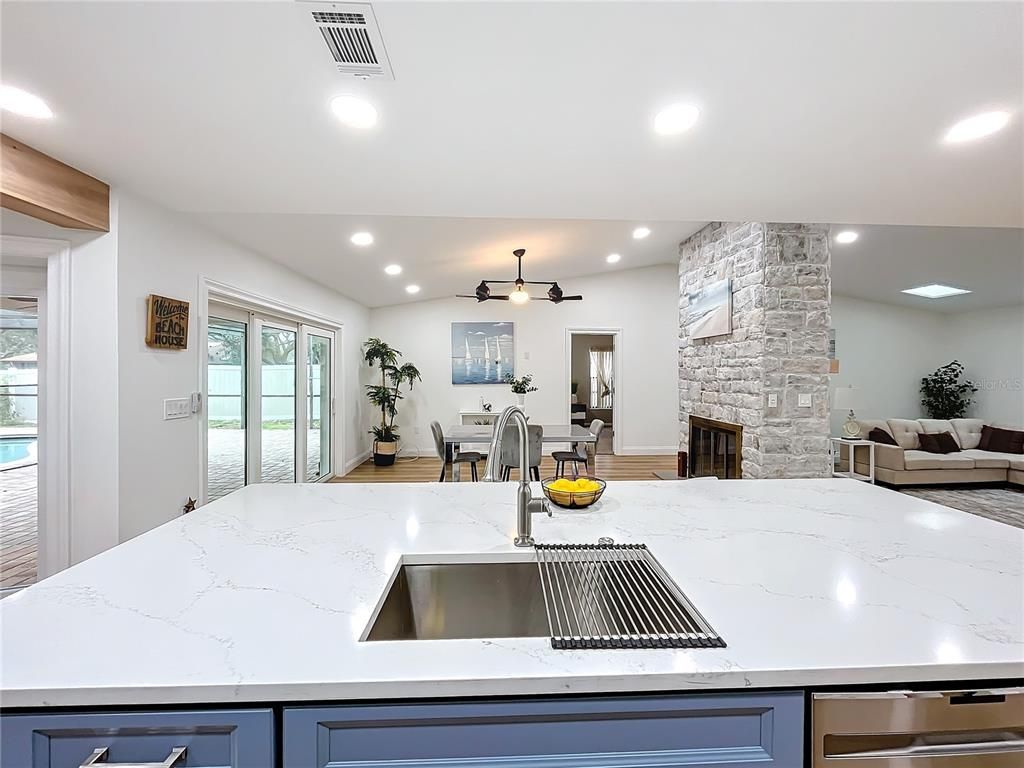 Dining room, Fireplace, Interior, Kitchen, Living room, Pendant Lights, Recessed Lighting, Stone Walls