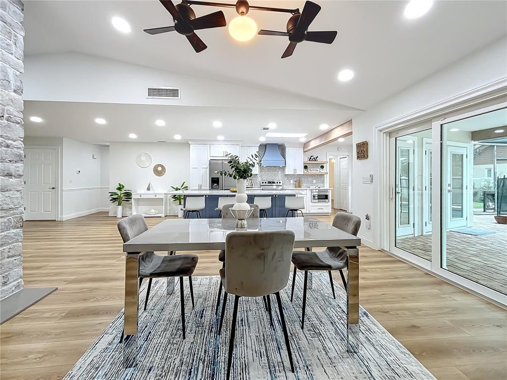 Dining room, Interior, Kitchen, Recessed Lighting, Stone Walls, Wood Texture Flooring