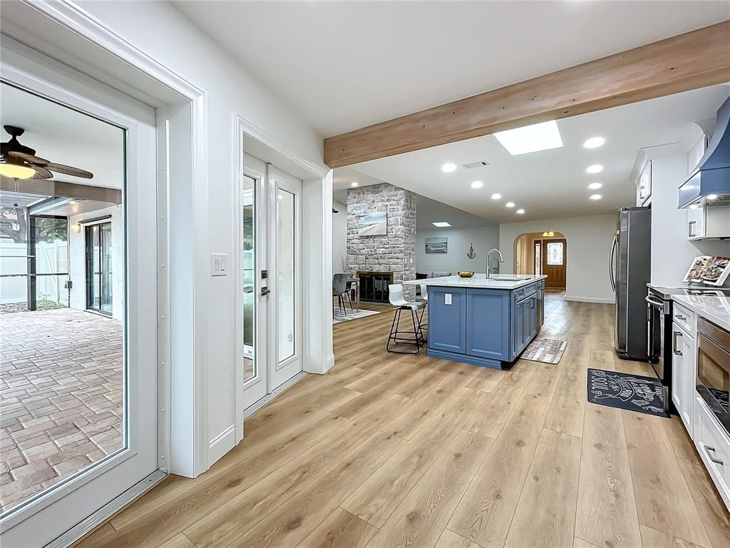 Fireplace, Interior, Kitchen, Recessed Lighting, Stone Walls, Wooden Beams, Wood Texture Flooring