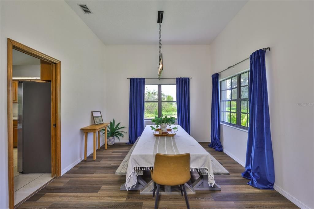 Dining room, Interior, Pendant Lights, Wood Texture Flooring