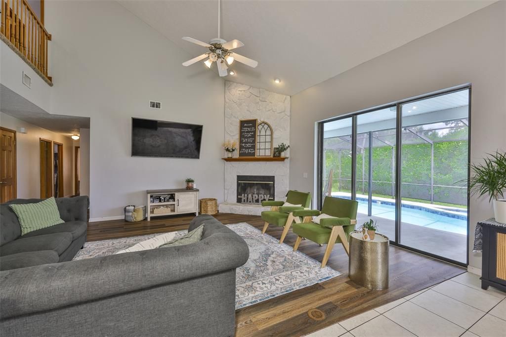 Fireplace, Interior, Living room, Sun Room, Wood Texture Flooring