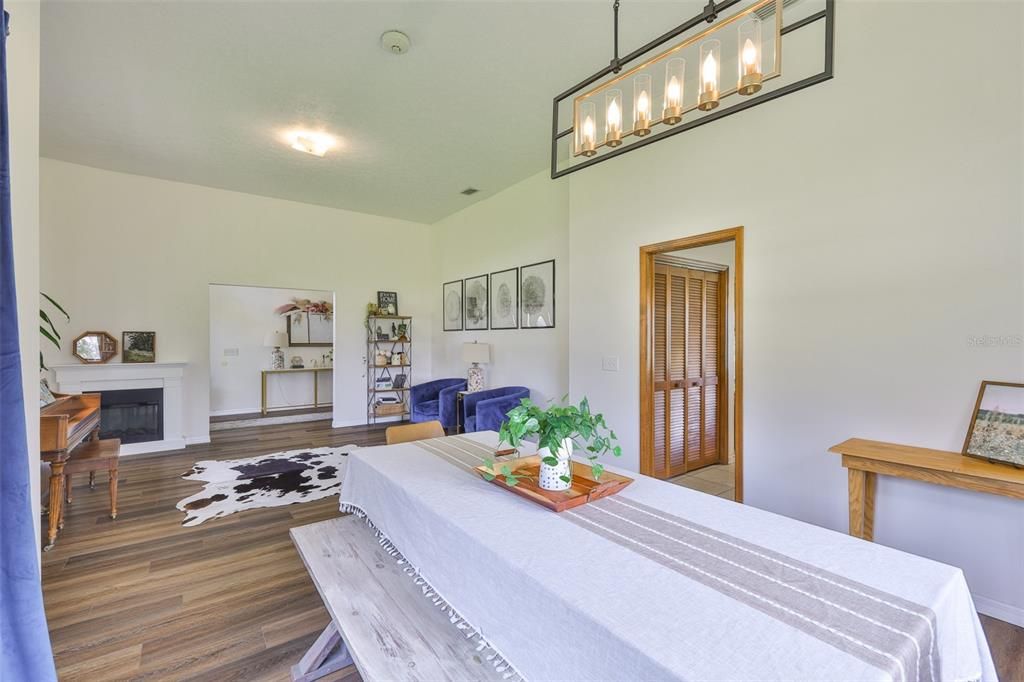 Dining room, Fireplace, Interior, Wood Texture Flooring