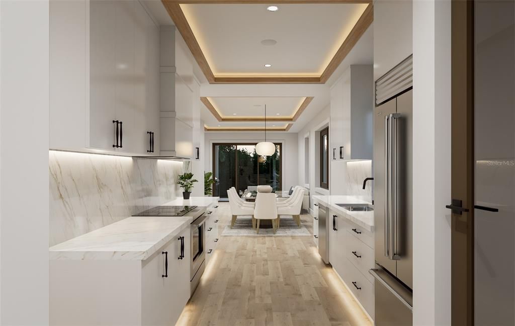 Dining room, Interior, Kitchen, Marble Walls, Pendant Lights, Recessed Lighting, Stainless Steel Appliances, Wood Texture Flooring