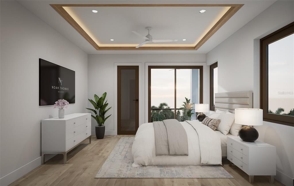 Bedroom, Interior, Recessed Lighting, Wood Texture Flooring