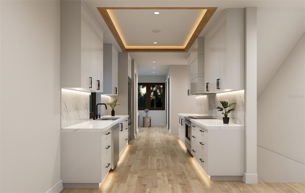 Interior, Kitchen, Recessed Lighting, Wood Texture Flooring