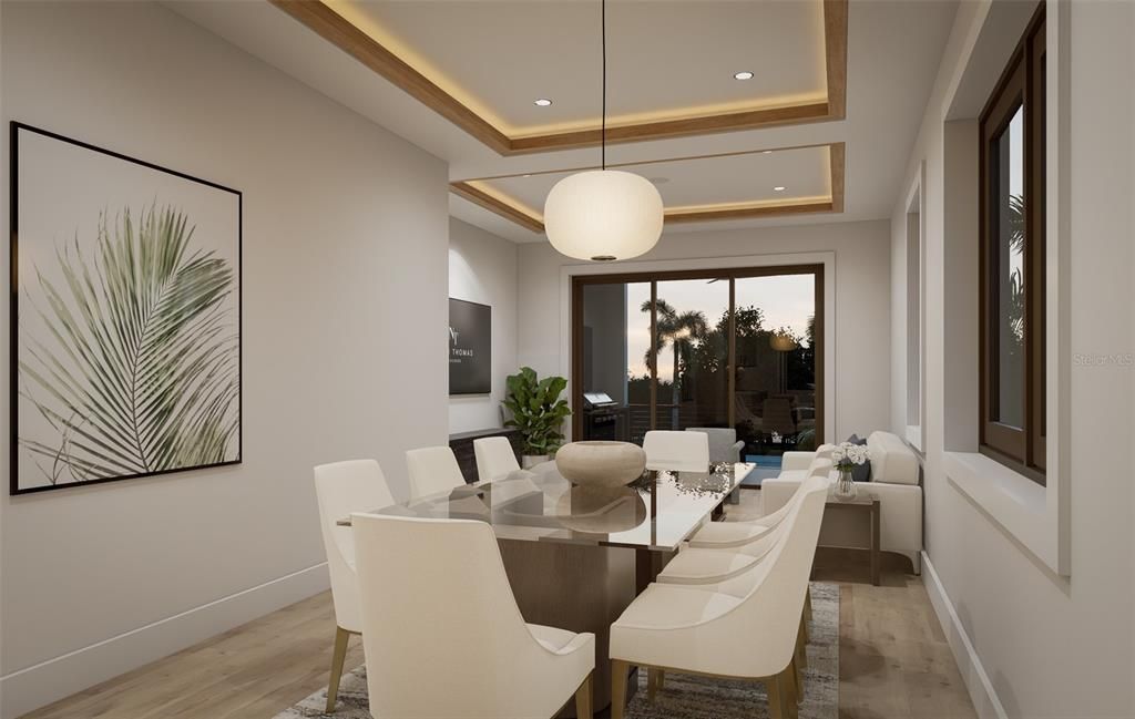 Dining room, Interior, Pendant Lights, Recessed Lighting, Wood Texture Flooring