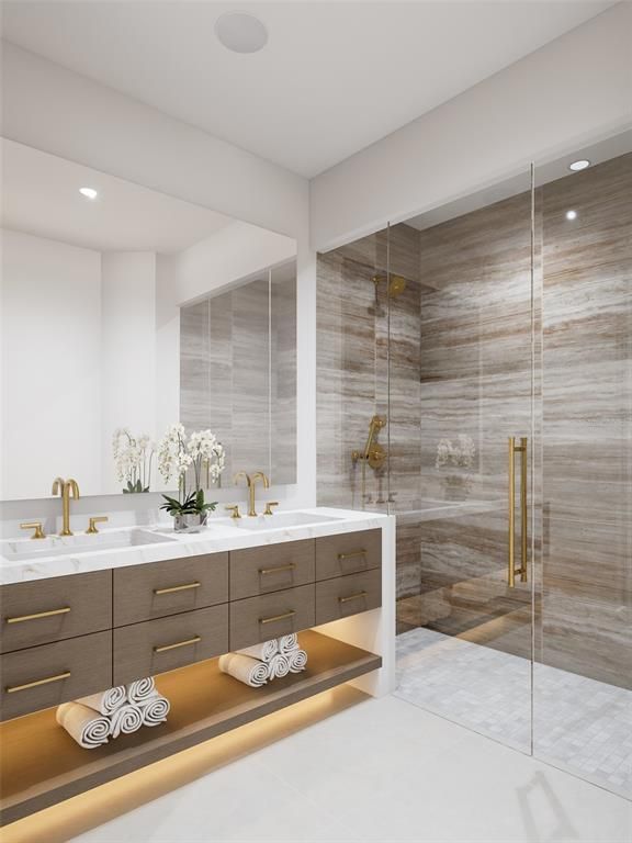 Bathroom, Dual Sink Vanities, Glass Shower, Interior, Recessed Lighting