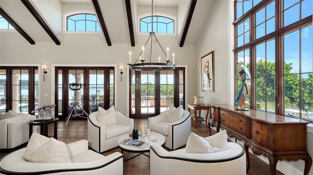 Chandelier, Interior, Living room, Pendant Lights, Wooden Beams, Wood Texture Flooring