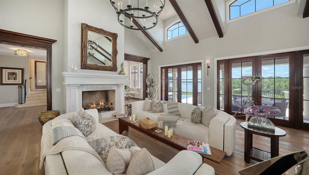 Chandelier, Fireplace, Interior, Living room, Wooden Beams, Wood Texture Flooring