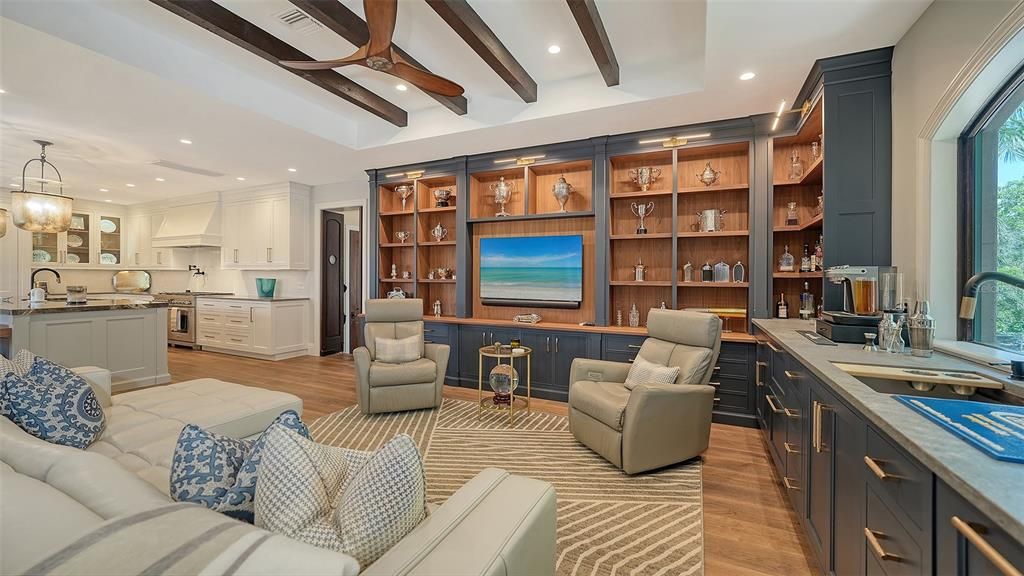 Interior, Kitchen, Living room, Pendant Lights, Recessed Lighting, Wooden Beams, Wood Texture Flooring