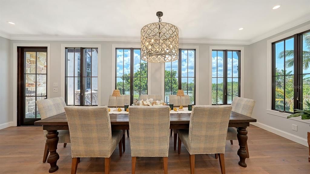Dining room, Interior, Pendant Lights, Recessed Lighting, Wood Texture Flooring