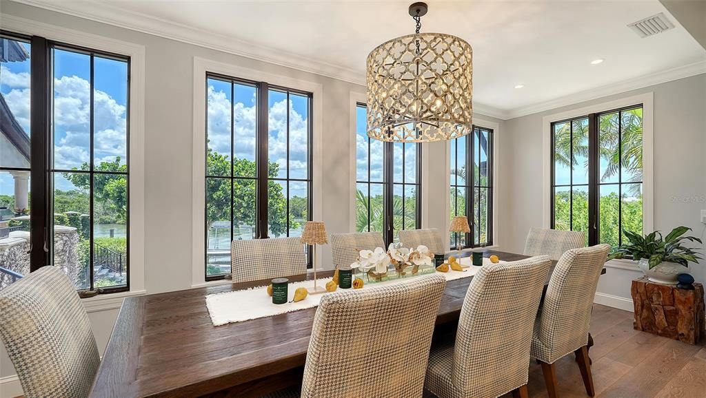Dining room, Interior, Pendant Lights, Recessed Lighting, Wood Texture Flooring