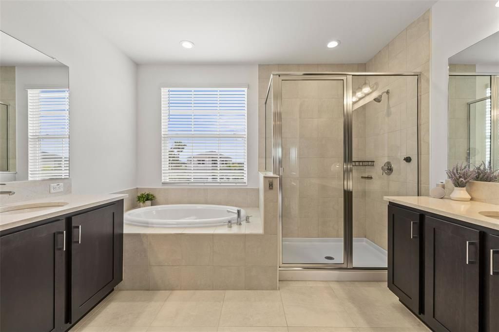 Bathroom, Dual Sink Vanities, Glass Shower, Interior, Recessed Lighting