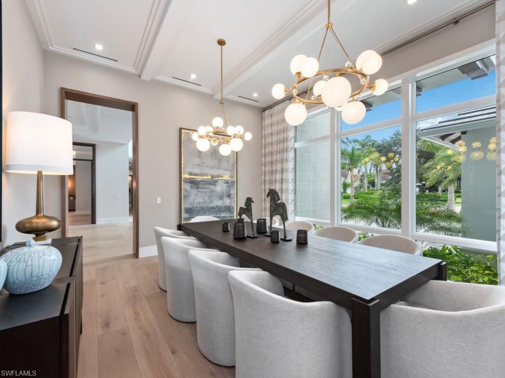 Dining room, Interior, Pendant Lights, Recessed Lighting, Wood Texture Flooring