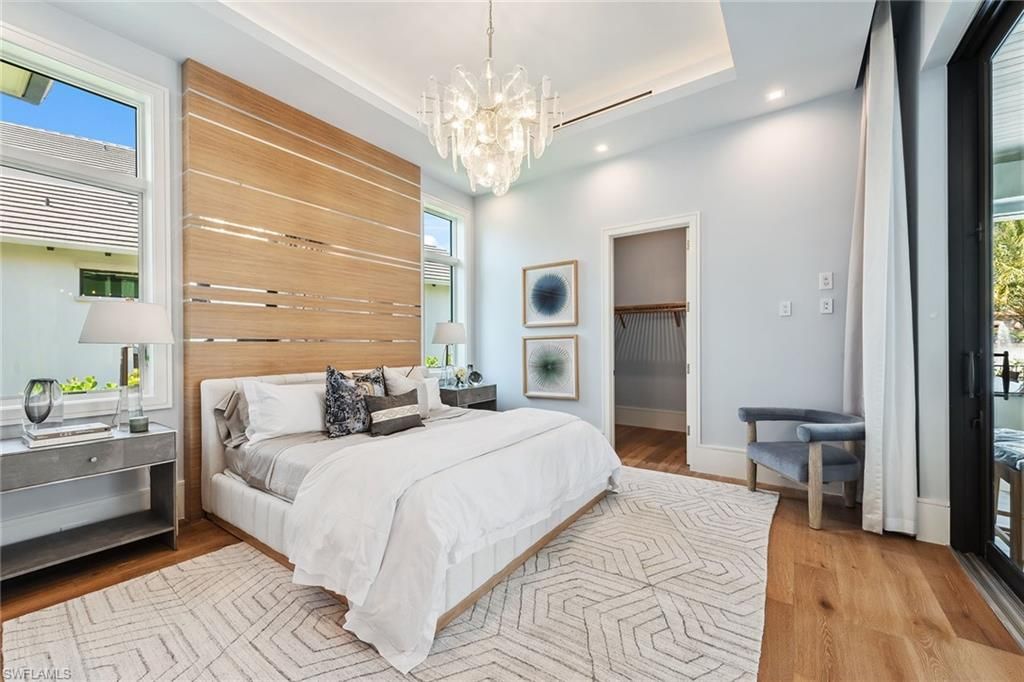 Bedroom, Chandelier, Interior, Recessed Lighting, Wood Texture Flooring