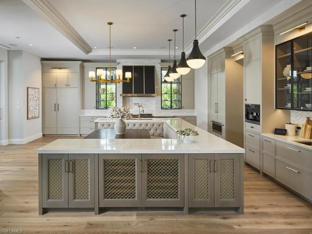 Chandelier, Interior, Kitchen, Pendant Lights, Recessed Lighting, Stainless Steel Appliances, Wood Texture Flooring