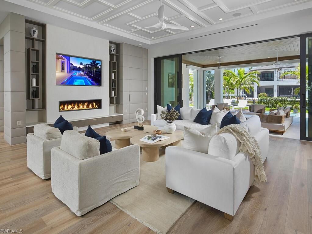 Fireplace, Interior, Living room, Recessed Lighting, Wood Texture Flooring