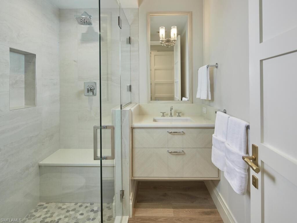 Bathroom, Glass Shower, Interior, Wood Texture Flooring