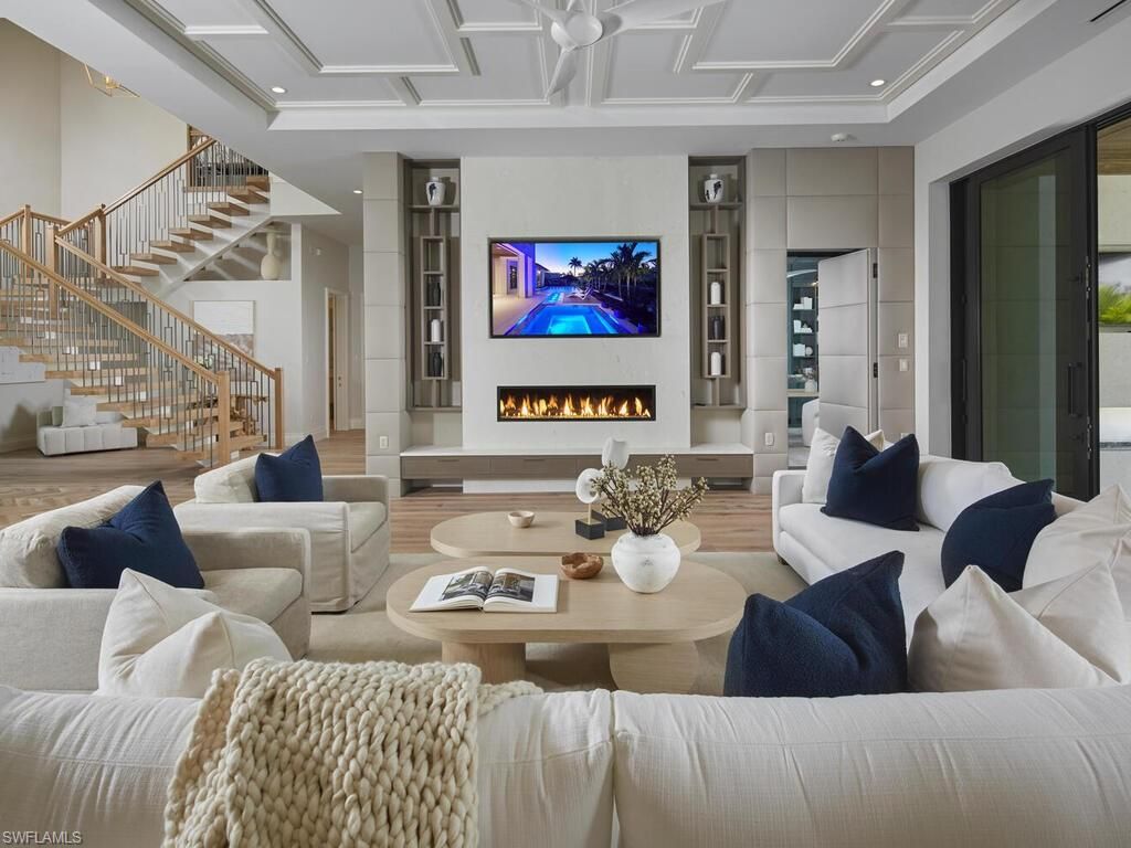 Fireplace, Interior, Living room, Recessed Lighting, Wood Texture Flooring