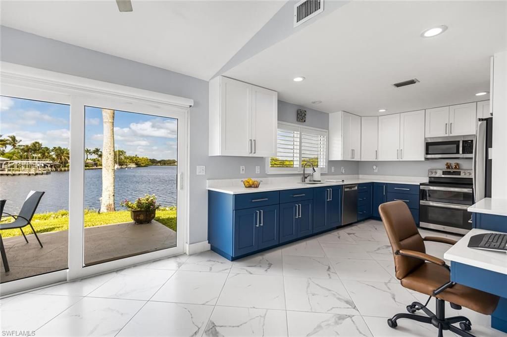 Interior, Kitchen, Marble, Recessed Lighting, Stainless Steel Appliances, Water