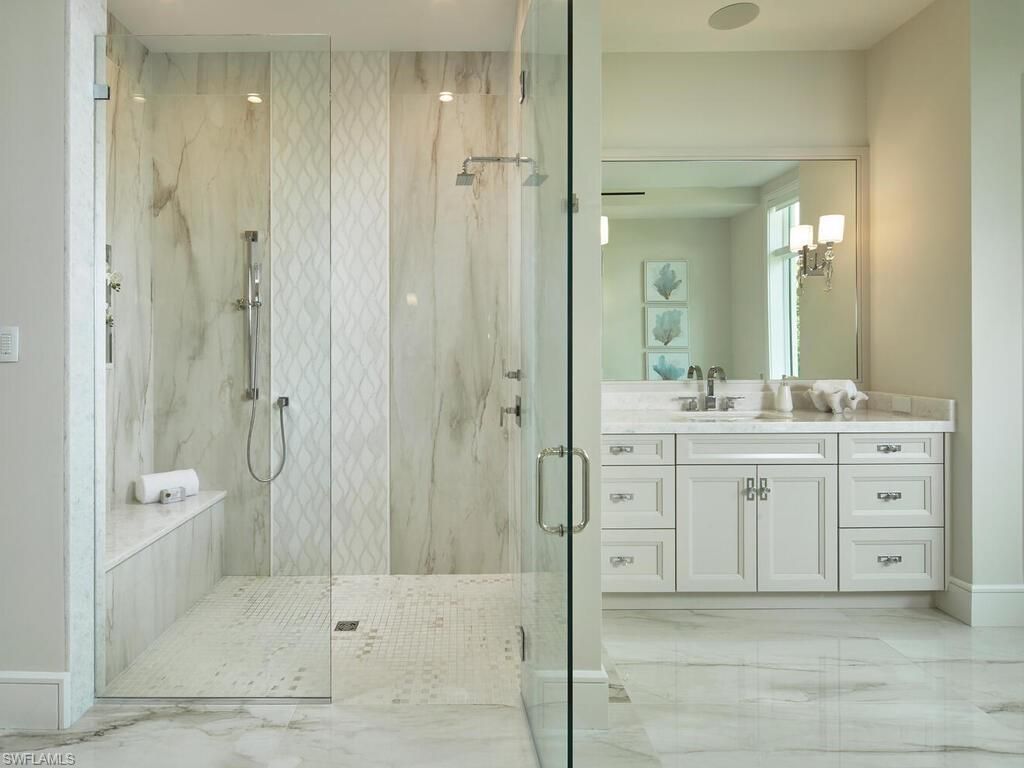 Bathroom, Glass Shower, Interior, Marble, Marble Walls, Recessed Lighting