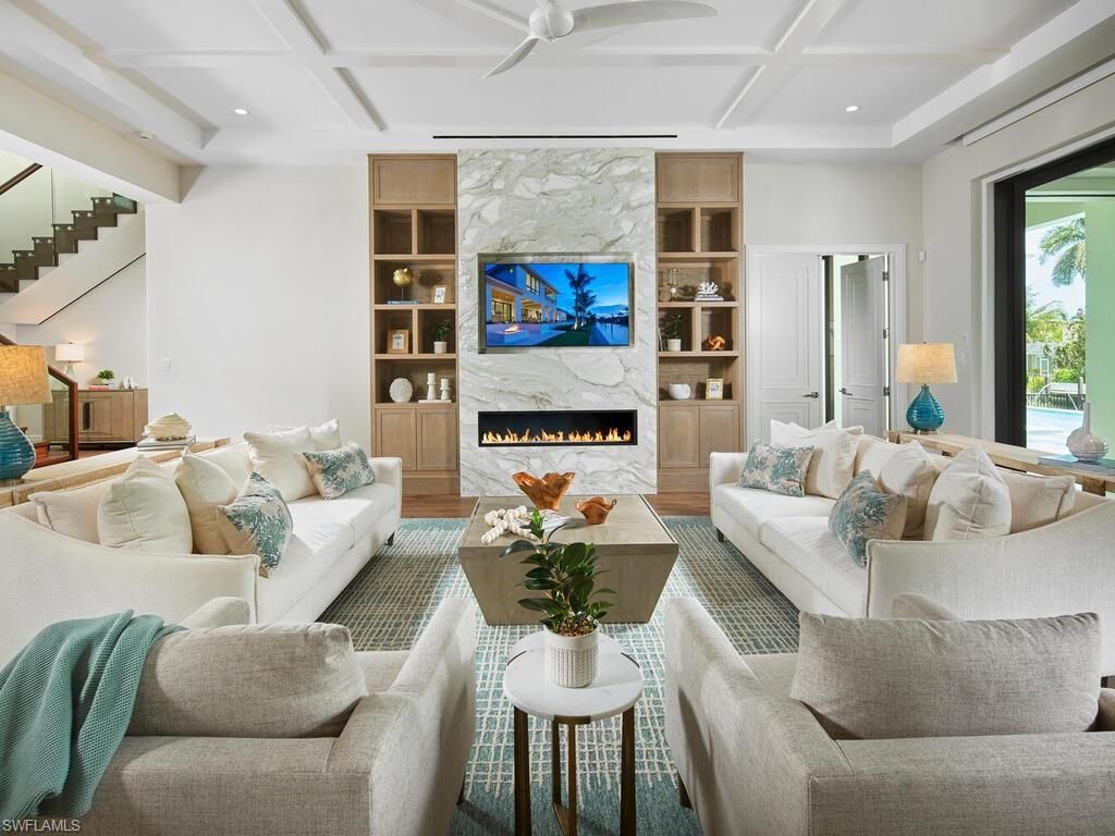 Fireplace, Interior, Living room, Recessed Lighting, Stone Walls, Wood Texture Flooring