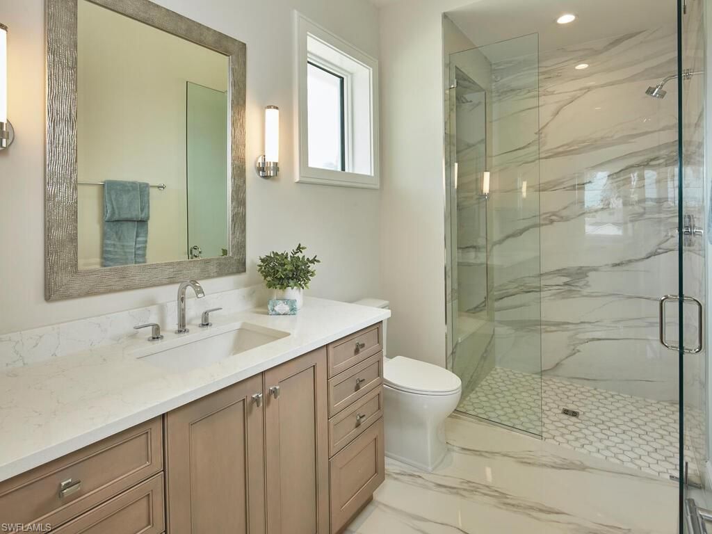 Bathroom, Glass Shower, Interior, Marble, Marble Walls, Recessed Lighting
