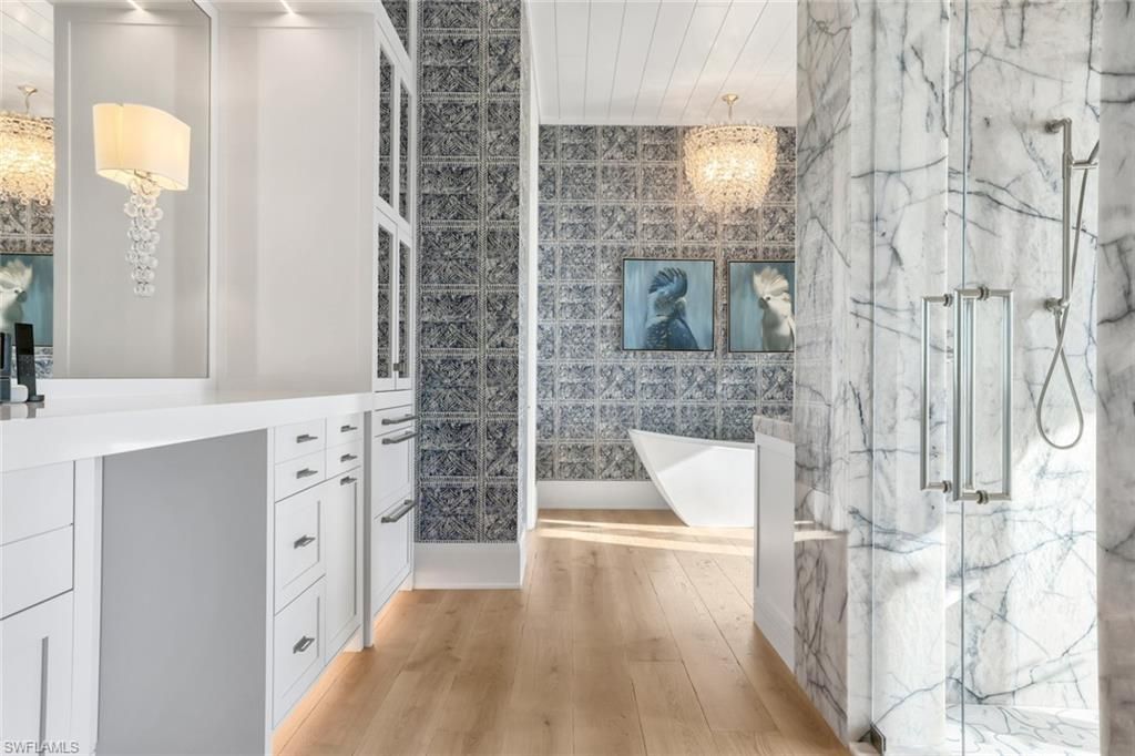 Bathroom, Chandelier, Interior, Marble Walls, Wood Texture Flooring