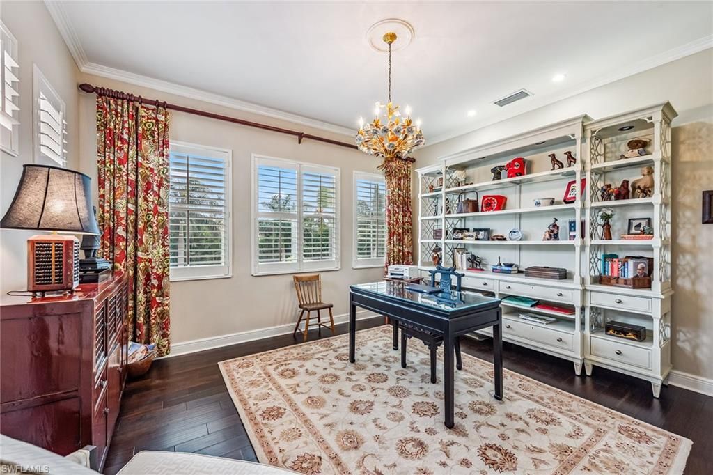 Chandelier, Home Office, Interior, Recessed Lighting, Wood Texture Flooring