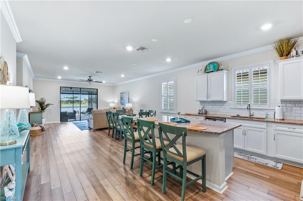 Dining room, Interior, Kitchen, Living room, Recessed Lighting, Wood Texture Flooring