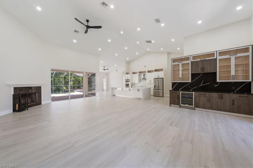 Empty room, Fireplace, Interior, Recessed Lighting, Wood Texture Flooring