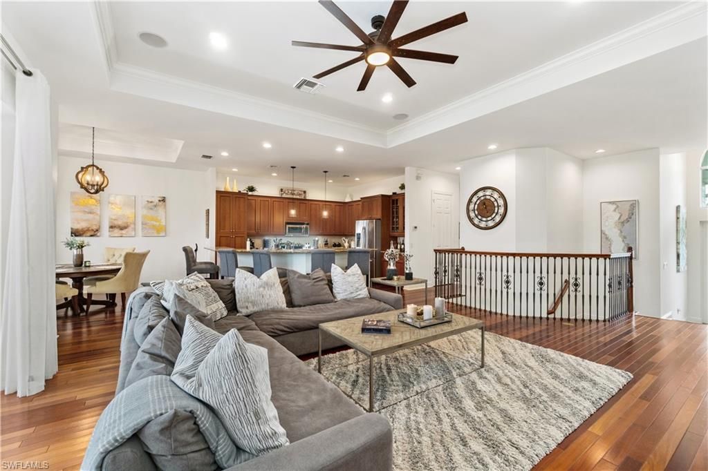 Dining room, Interior, Kitchen, Living room, Pendant Lights, Recessed Lighting, Stainless Steel Appliances, Wood Texture Flooring