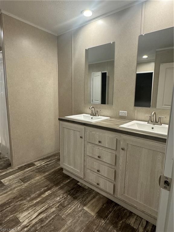 Bathroom, Dual Sink Vanities, Interior, Recessed Lighting, Wood Texture Flooring