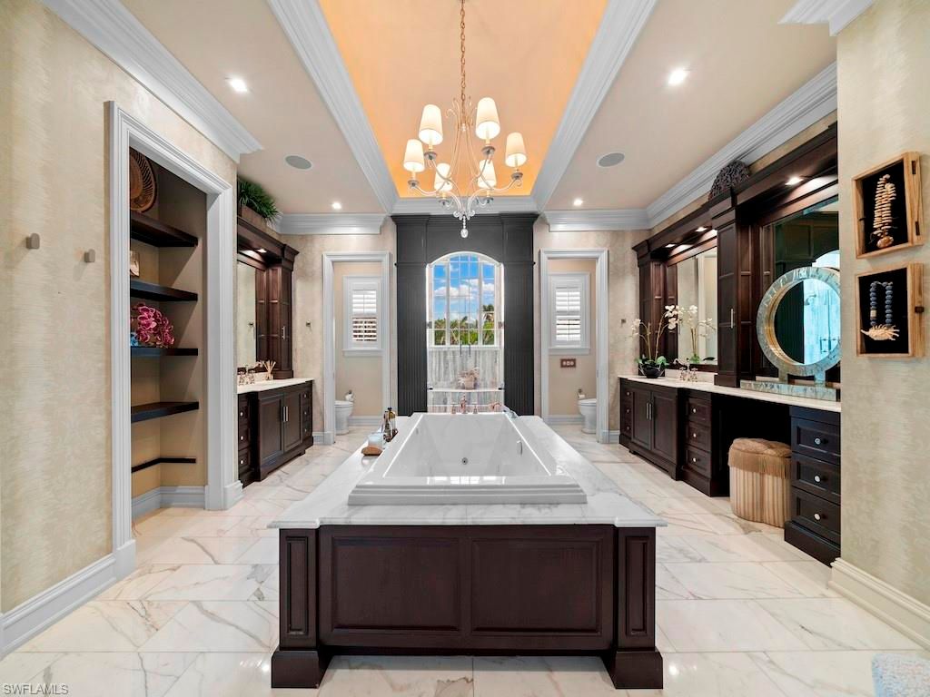 Bathroom, Chandelier, Dual Sink Vanities, Interior, Marble, Recessed Lighting