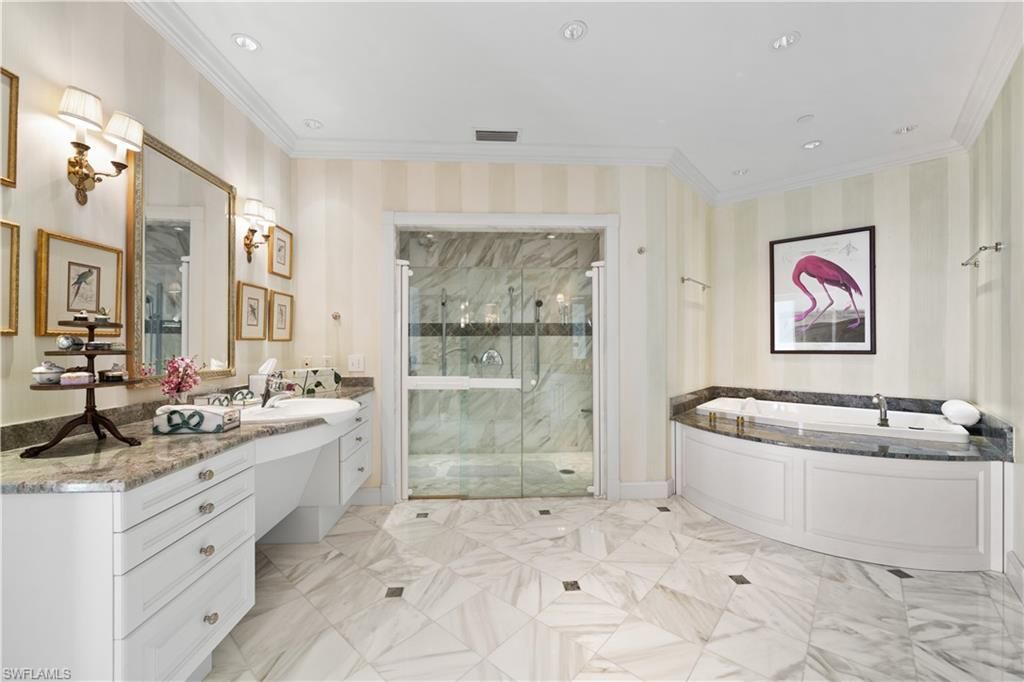 Bathroom, Glass Shower, Interior, Marble, Marble Walls, Recessed Lighting