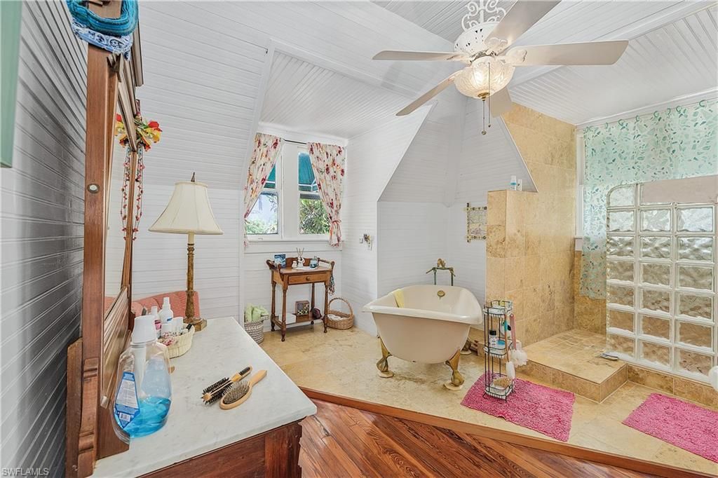 Bathroom, Free Standing Baths, Glass Shower, Interior, Wood Texture Flooring