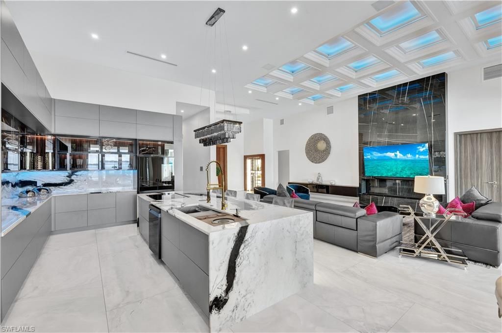 Fireplace, Interior, Kitchen, Living room, Marble, Pendant Lights, Recessed Lighting