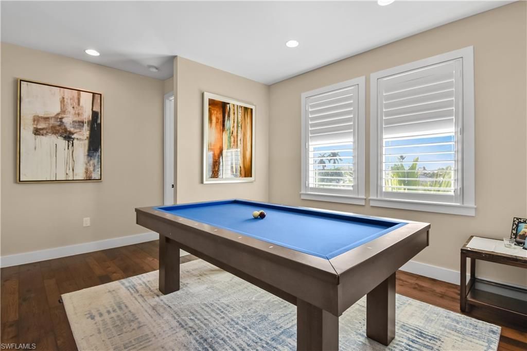 Billiard Table, Game Room, Interior, Recessed Lighting, Wood Texture Flooring