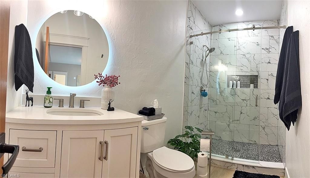 Bathroom, Glass Shower, Interior, Marble Walls, Recessed Lighting