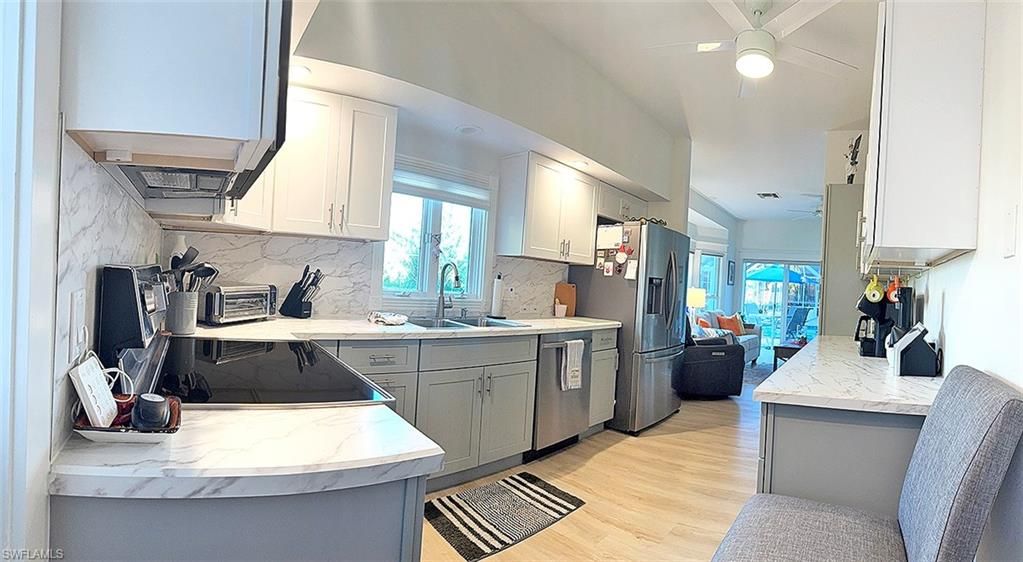 Interior, Kitchen, Marble Walls, Wood Texture Flooring