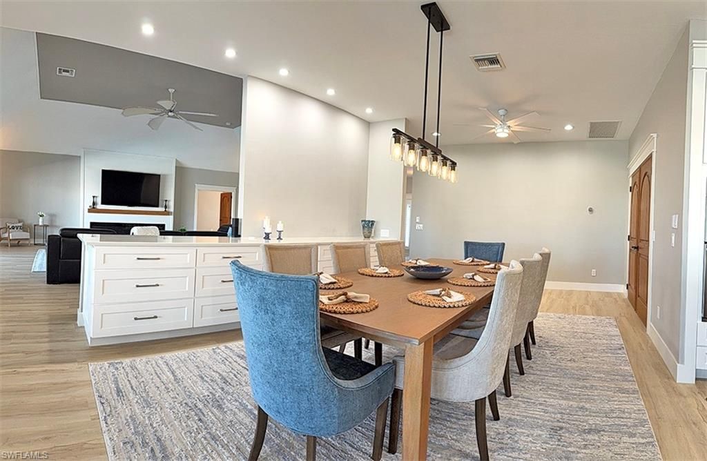 Dining room, Interior, Pendant Lights, Recessed Lighting, Wood Texture Flooring