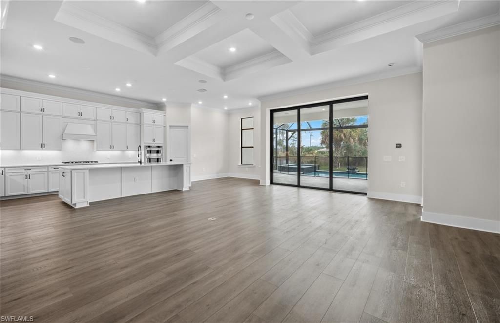 Empty room, Interior, Kitchen, Recessed Lighting, Wood Texture Flooring