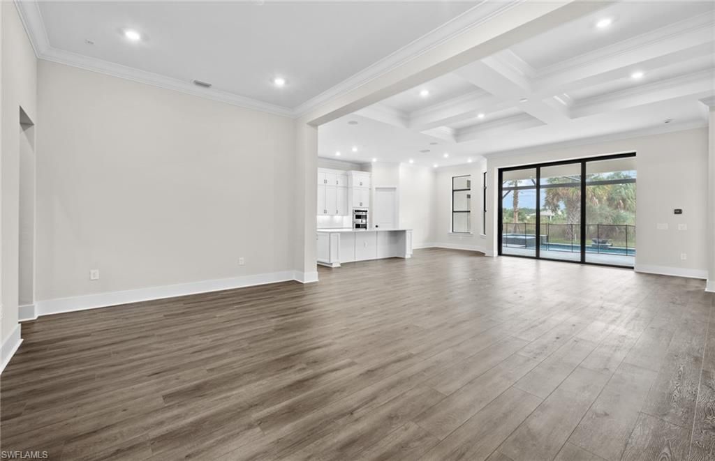 Empty room, Interior, Kitchen, Recessed Lighting, Wood Texture Flooring