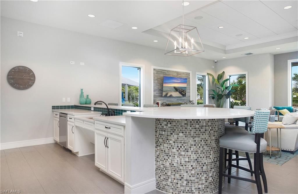 Interior, Kitchen, Pendant Lights, Recessed Lighting, Tile Countertops, Wood Texture Flooring
