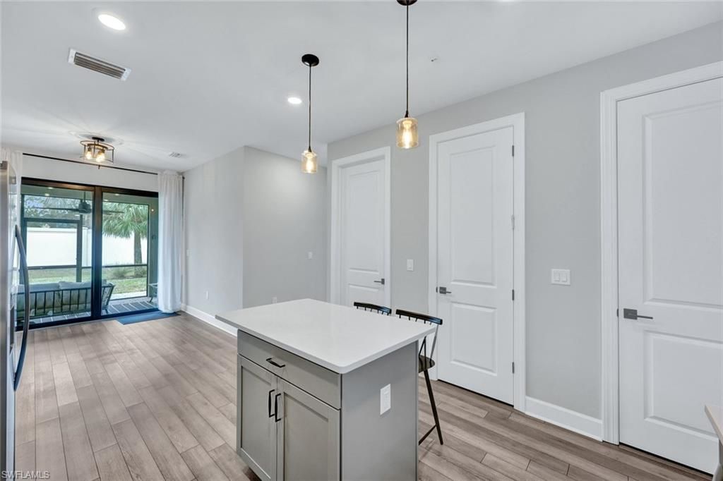 Interior, Kitchen, Pendant Lights, Recessed Lighting, Wood Texture Flooring