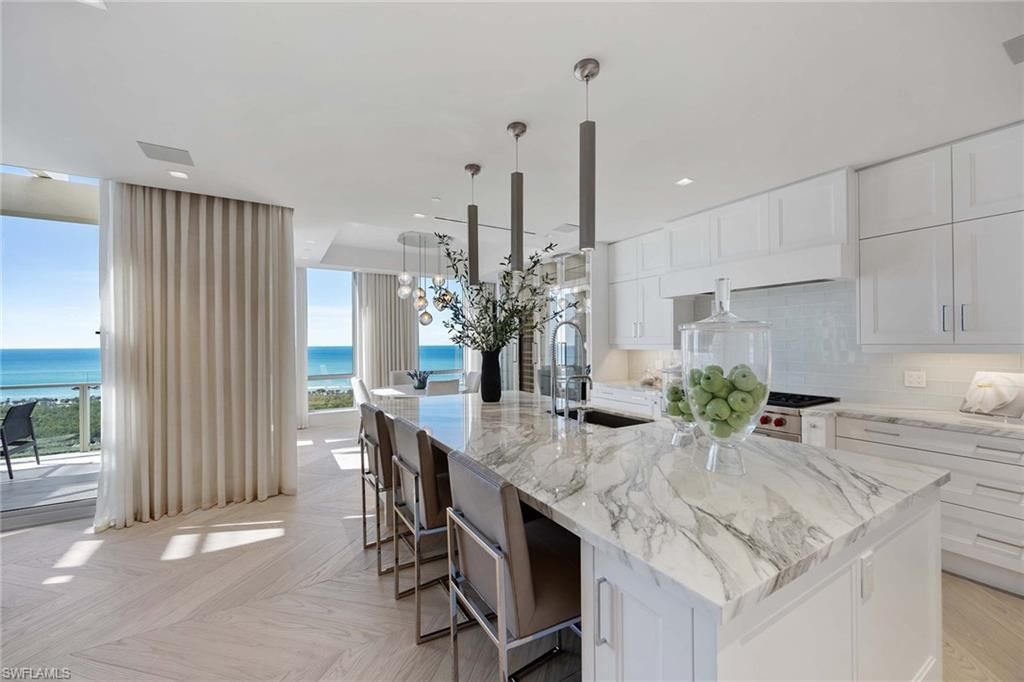 Interior, Kitchen, Pendant Lights, Recessed Lighting, Stainless Steel Appliances, Water, Wood Texture Flooring