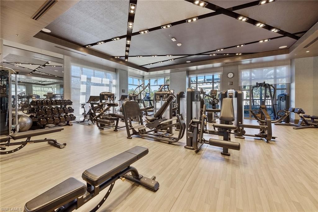 Fitness Equipment, Gym, Interior, Recessed Lighting, Wood Texture Flooring