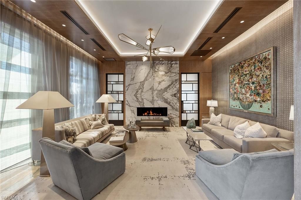 Fireplace, Interior, Living room, Marble Walls, Recessed Lighting, Wood Texture Flooring